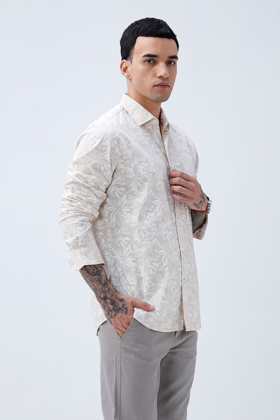 BASICS SLIM FIT SUMMER BEIGE COTTON POPLIN PRINTED SHIRT