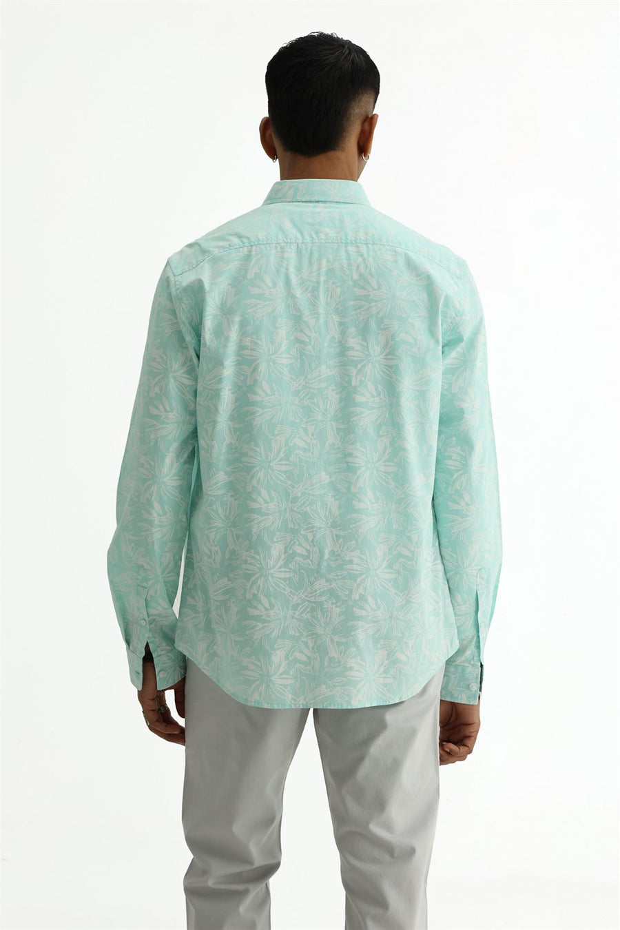BASICS SLIM FIT MINT GREEN COTTON POPLIN PRINTED SHIRT