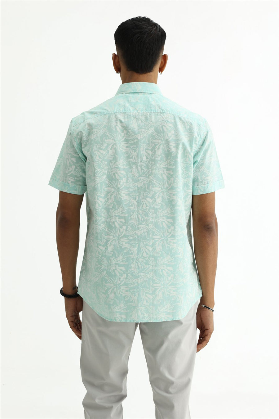 BASICS SLIM FIT MINT GREEN COTTON POPLIN PRINTED HALFSLEEVES SHIRT