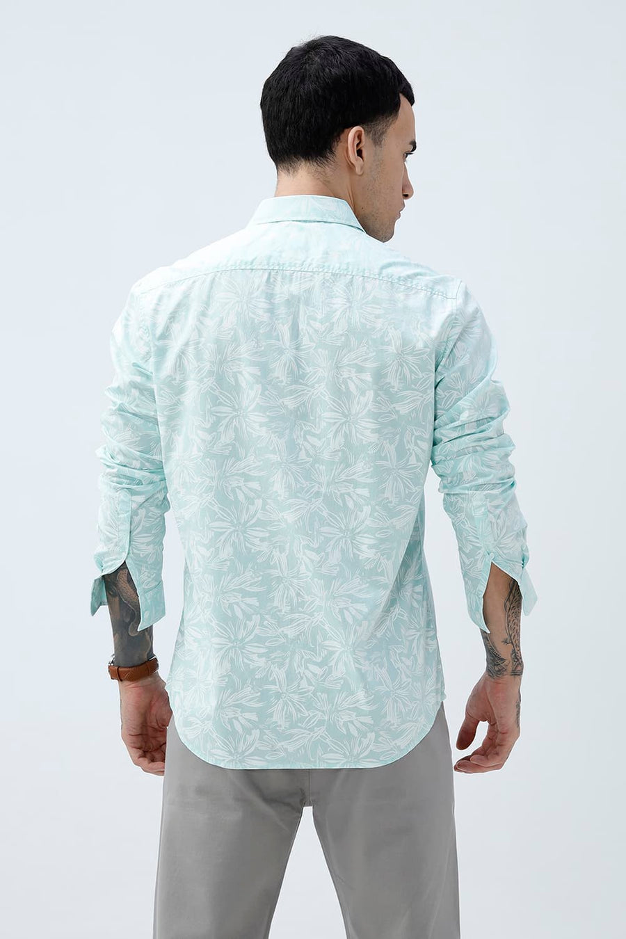 BASICS SLIM FIT MINT GREEN COTTON POPLIN PRINTED SHIRT