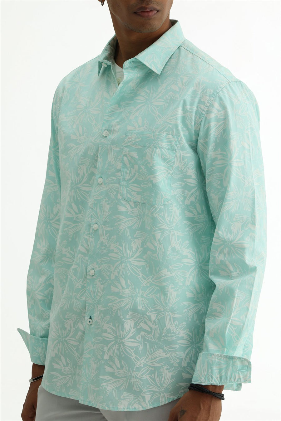 BASICS SLIM FIT MINT GREEN COTTON POPLIN PRINTED SHIRT