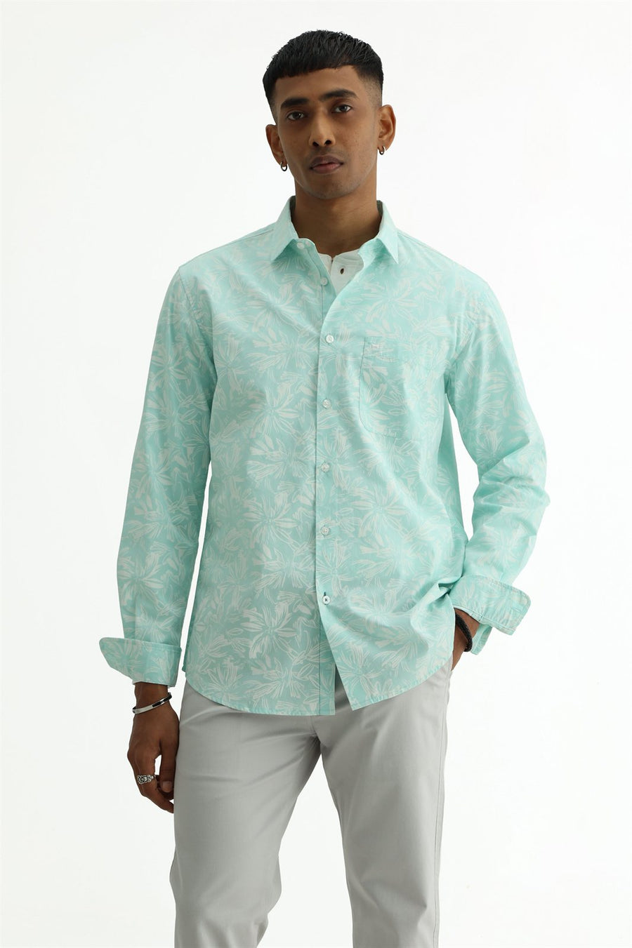 BASICS SLIM FIT MINT GREEN COTTON POPLIN PRINTED SHIRT