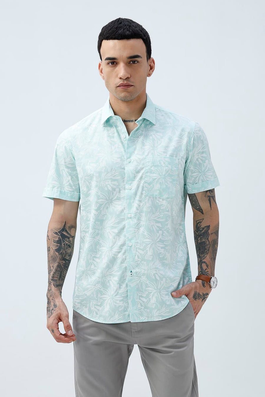 BASICS SLIM FIT MINT GREEN COTTON POPLIN PRINTED HALFSLEEVES SHIRT