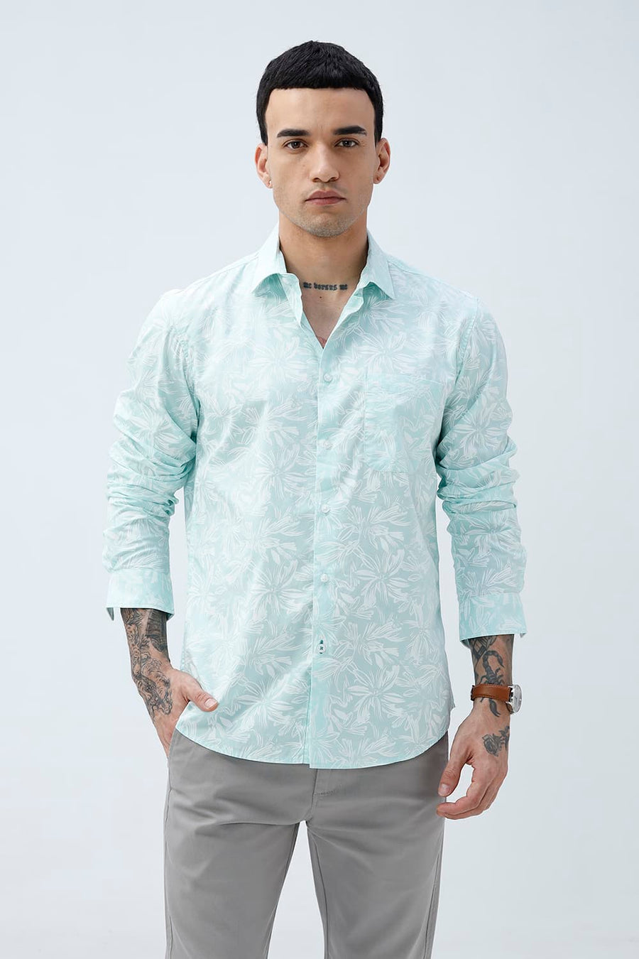 BASICS SLIM FIT MINT GREEN COTTON POPLIN PRINTED SHIRT