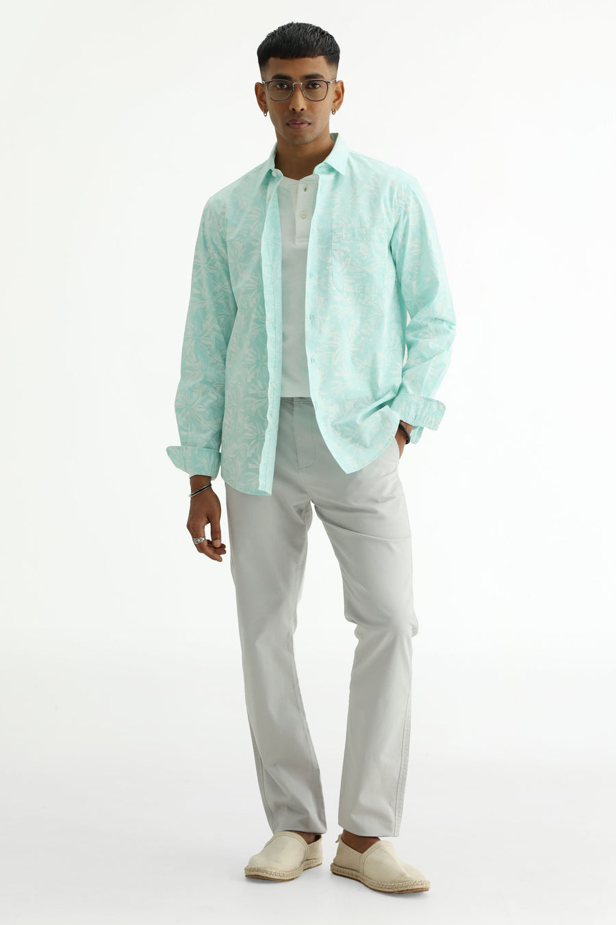 BASICS SLIM FIT MINT GREEN COTTON POPLIN PRINTED SHIRT