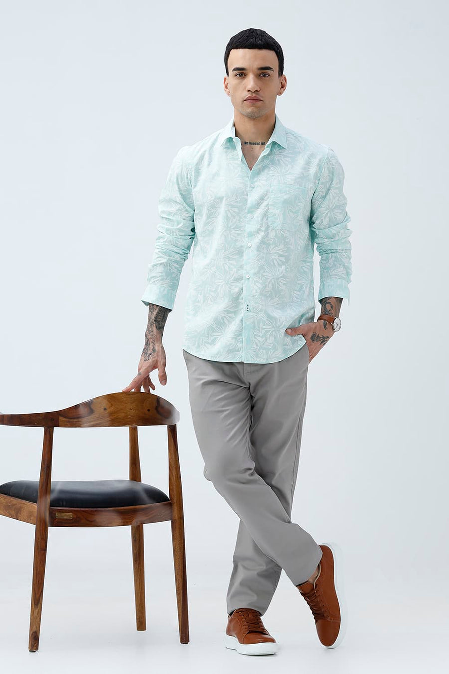 BASICS SLIM FIT MINT GREEN COTTON POPLIN PRINTED SHIRT