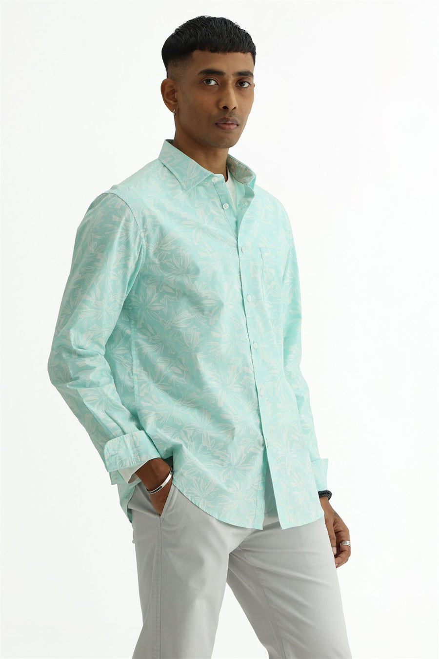 BASICS SLIM FIT MINT GREEN COTTON POPLIN PRINTED SHIRT