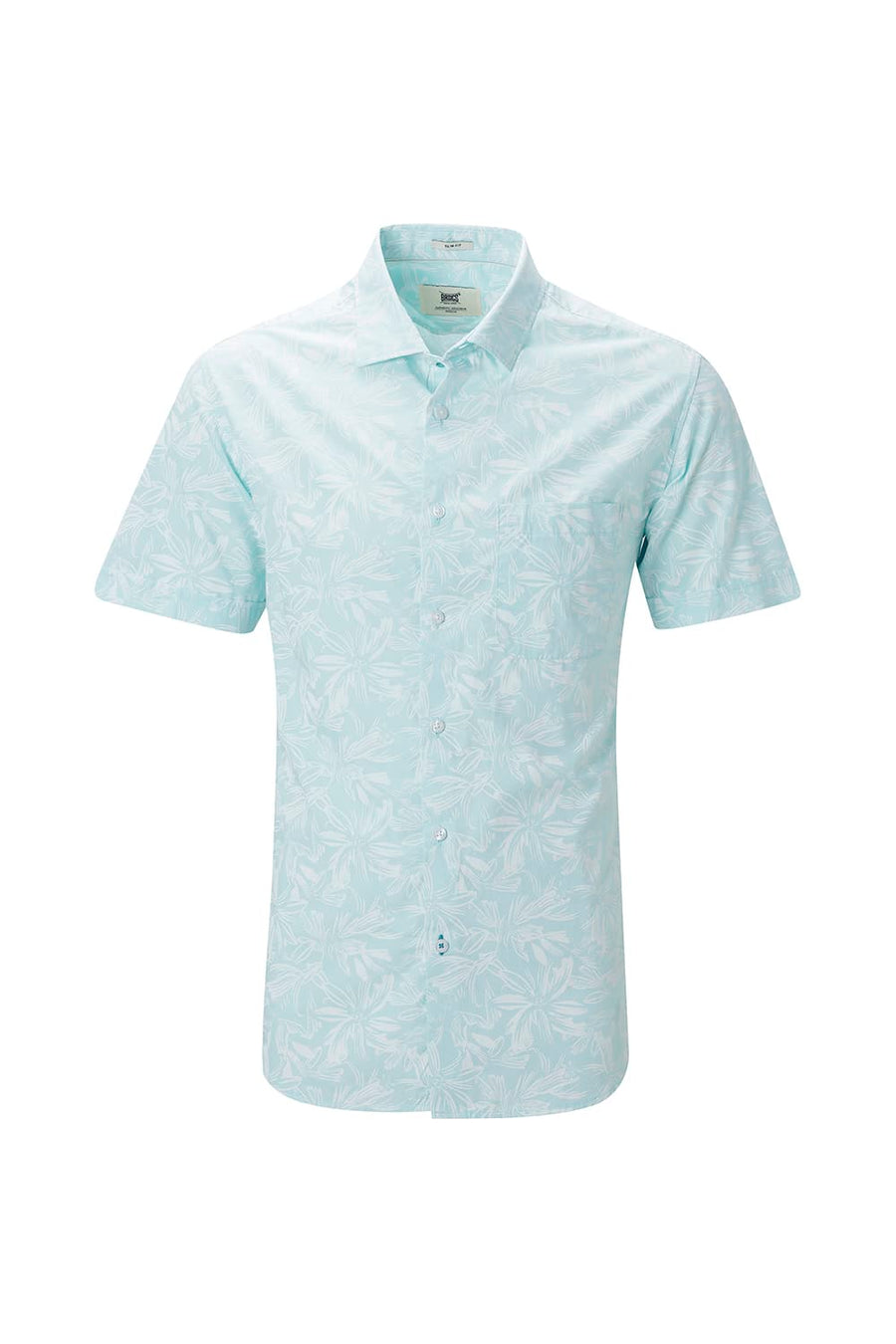 BASICS SLIM FIT MINT GREEN COTTON POPLIN PRINTED HALFSLEEVES SHIRT