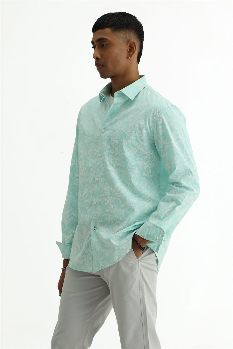 BASICS SLIM FIT MINT GREEN COTTON POPLIN PRINTED SHIRT