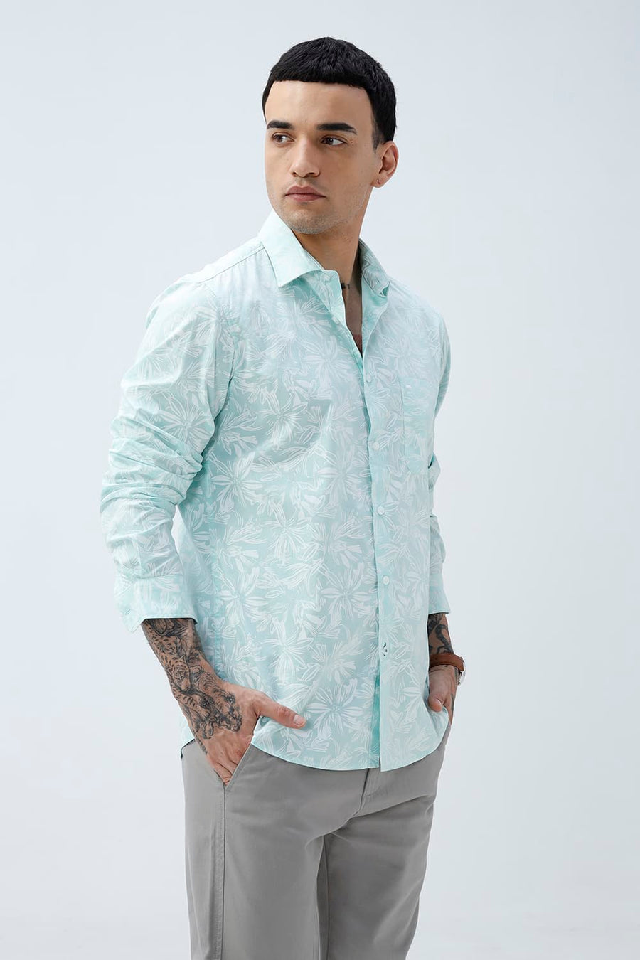 BASICS SLIM FIT MINT GREEN COTTON POPLIN PRINTED SHIRT