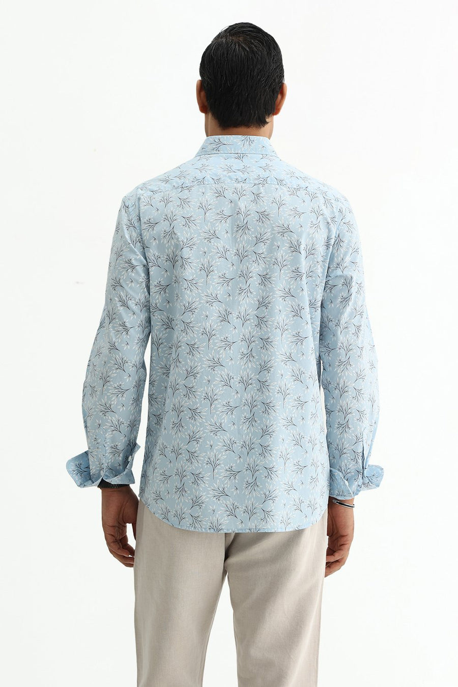 BASICS SLIM FIT CRYSTAL BLUE COTTON POPLIN PRINTED SHIRT