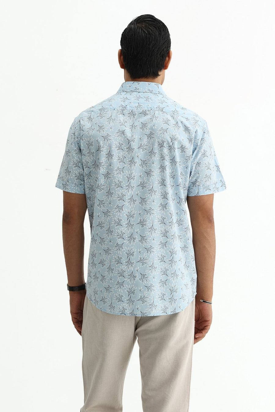 BASICS SLIM FIT CRYSTAL BLUE COTTON POPLIN PRINTED HALFSLEEVES SHIRT