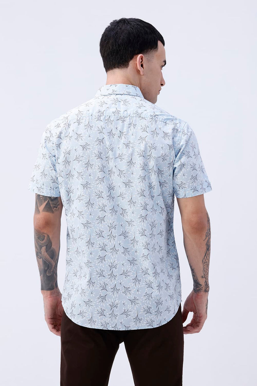 BASICS SLIM FIT CRYSTAL BLUE COTTON POPLIN PRINTED HALFSLEEVES SHIRT