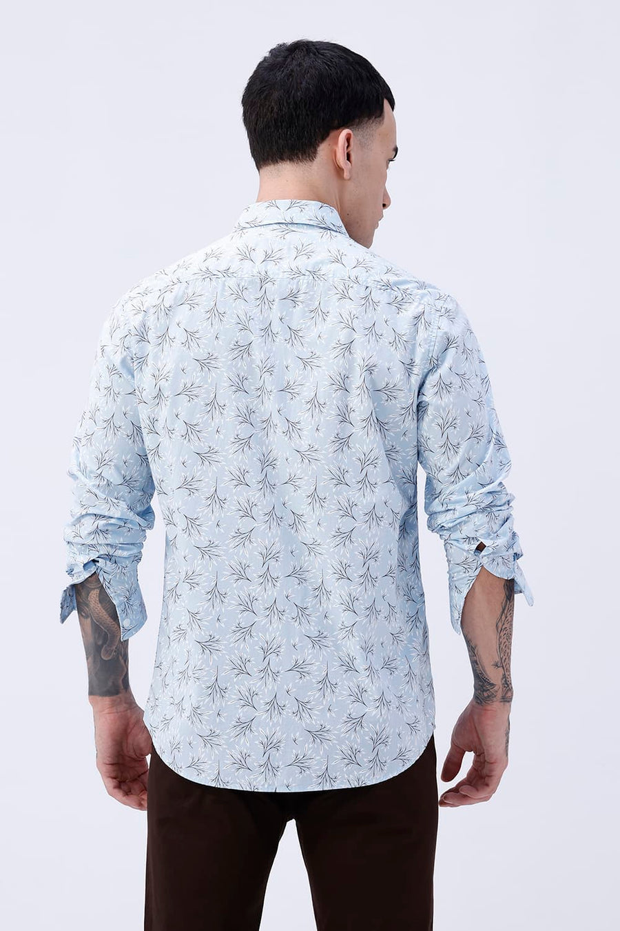 BASICS SLIM FIT CRYSTAL BLUE COTTON POPLIN PRINTED SHIRT