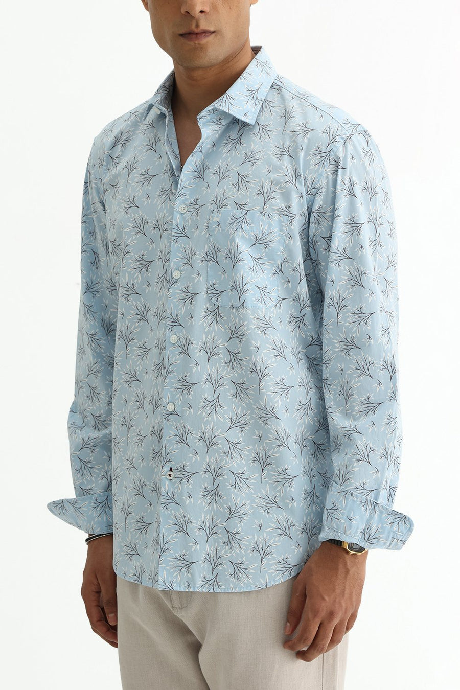 BASICS SLIM FIT CRYSTAL BLUE COTTON POPLIN PRINTED SHIRT