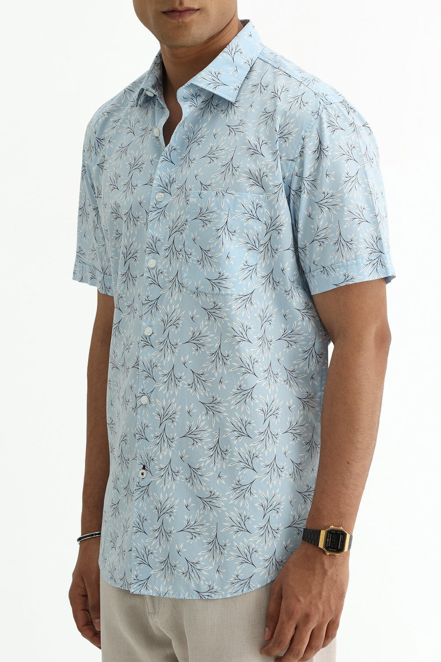 BASICS SLIM FIT CRYSTAL BLUE COTTON POPLIN PRINTED HALFSLEEVES SHIRT
