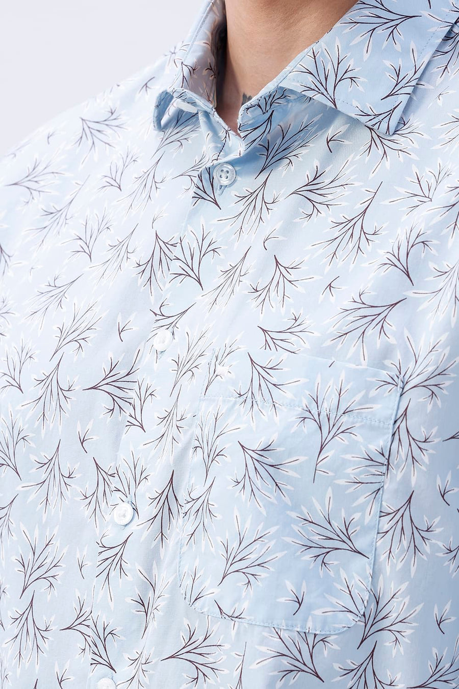 BASICS SLIM FIT CRYSTAL BLUE COTTON POPLIN PRINTED SHIRT