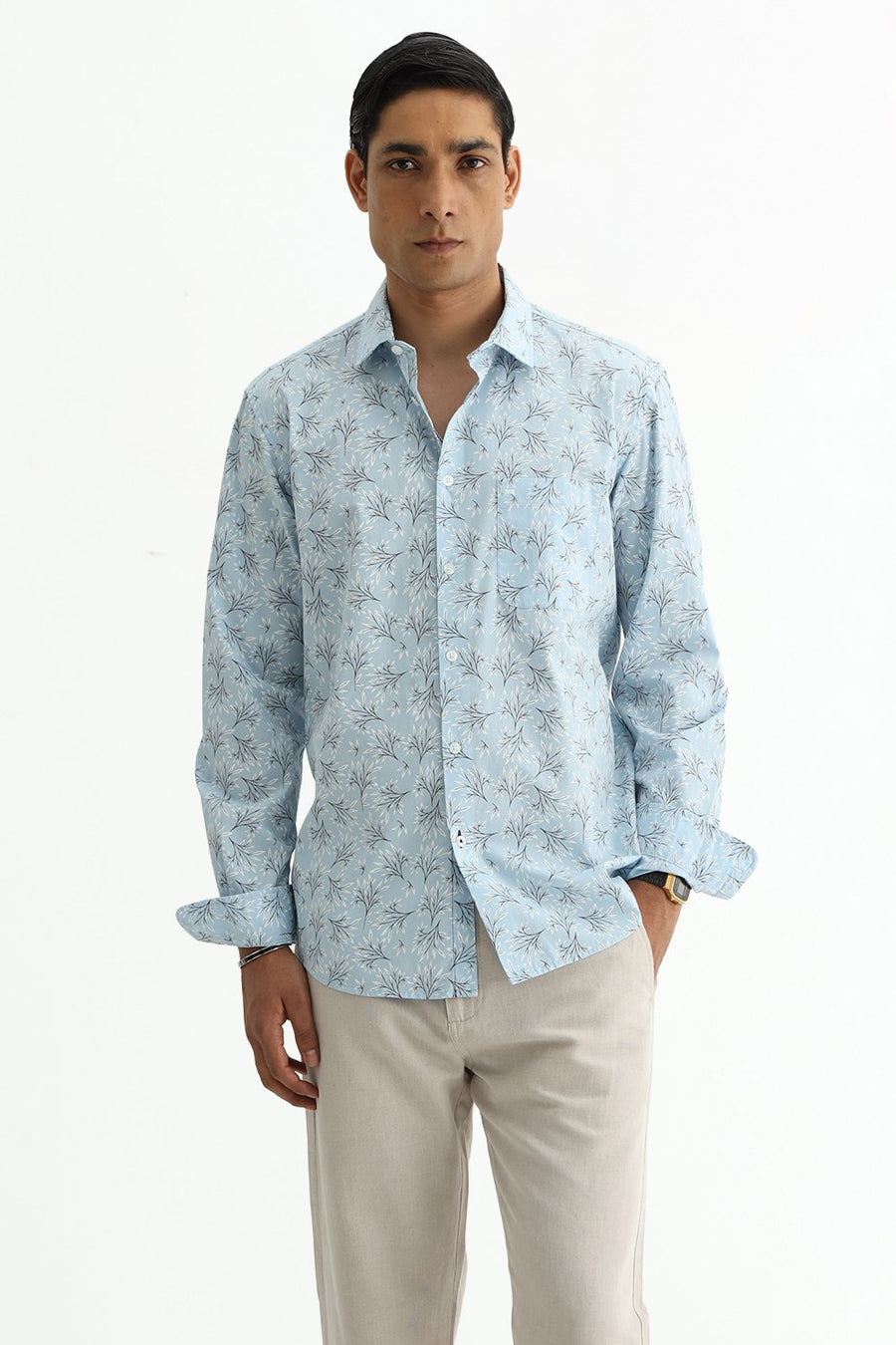 BASICS SLIM FIT CRYSTAL BLUE COTTON POPLIN PRINTED SHIRT