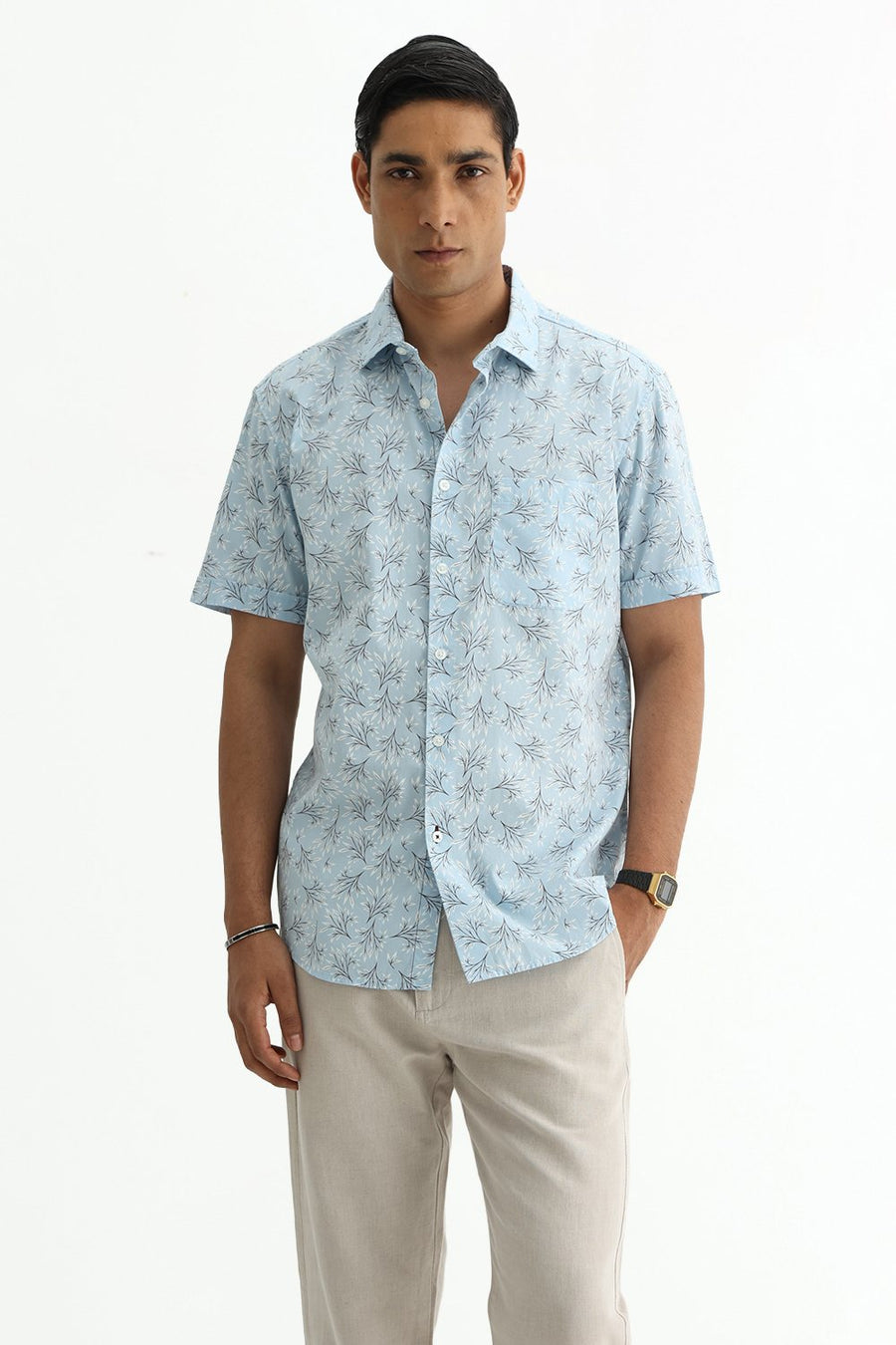 BASICS SLIM FIT CRYSTAL BLUE COTTON POPLIN PRINTED HALFSLEEVES SHIRT