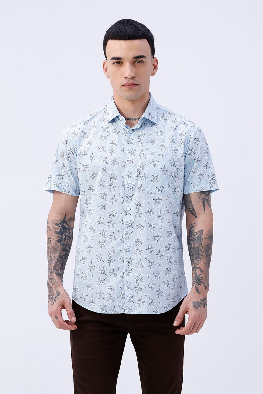 BASICS SLIM FIT CRYSTAL BLUE COTTON POPLIN PRINTED HALFSLEEVES SHIRT