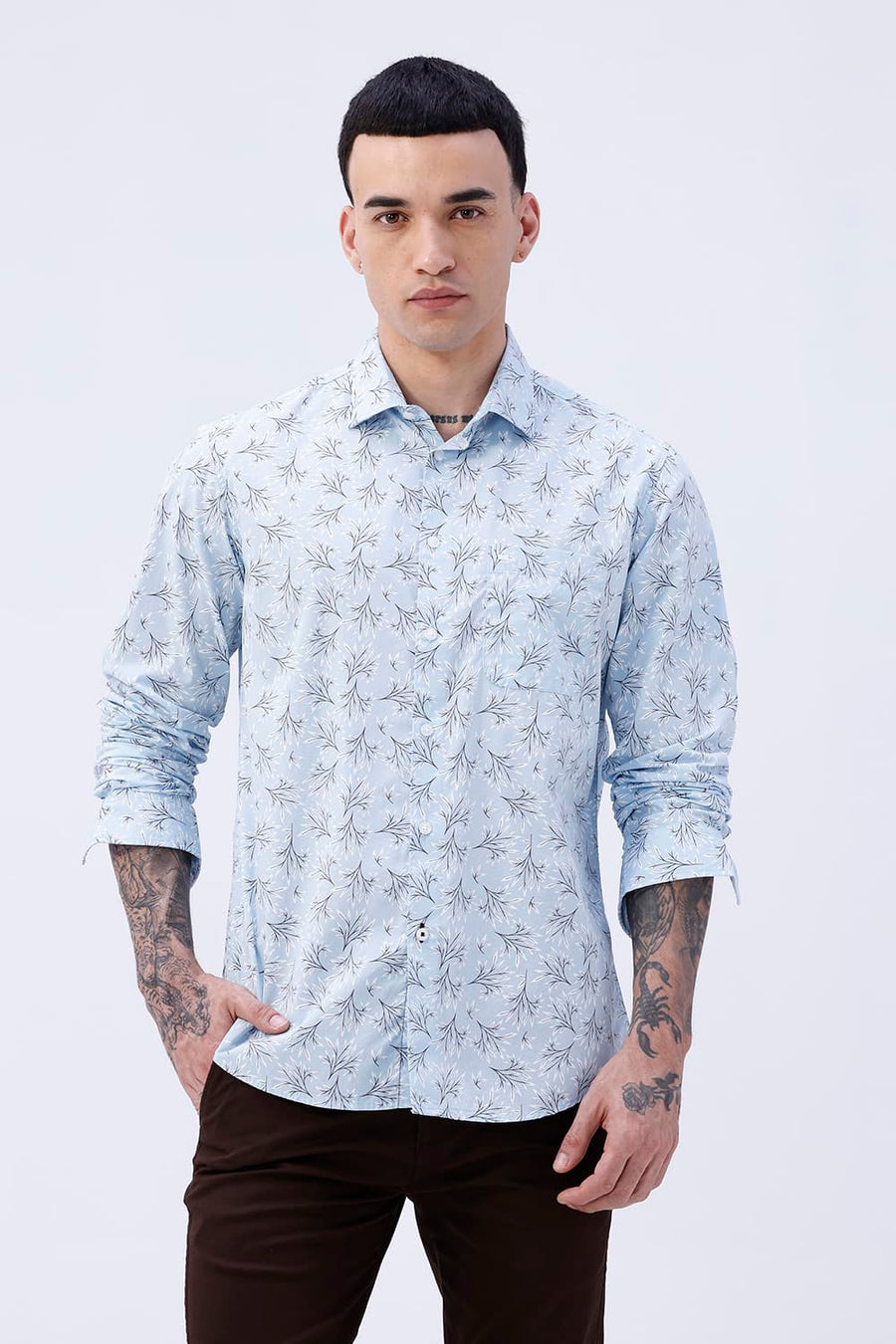 BASICS SLIM FIT CRYSTAL BLUE COTTON POPLIN PRINTED SHIRT