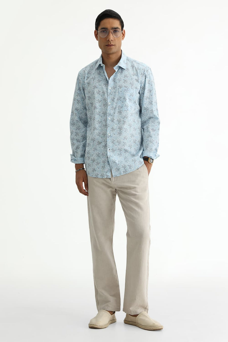 BASICS SLIM FIT CRYSTAL BLUE COTTON POPLIN PRINTED SHIRT
