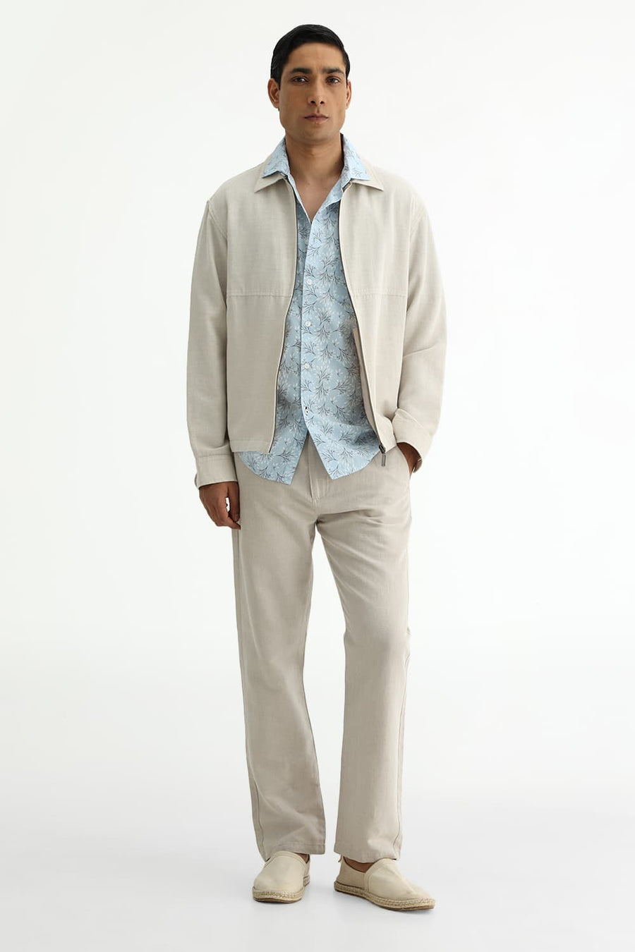 BASICS SLIM FIT CRYSTAL BLUE COTTON POPLIN PRINTED HALFSLEEVES SHIRT