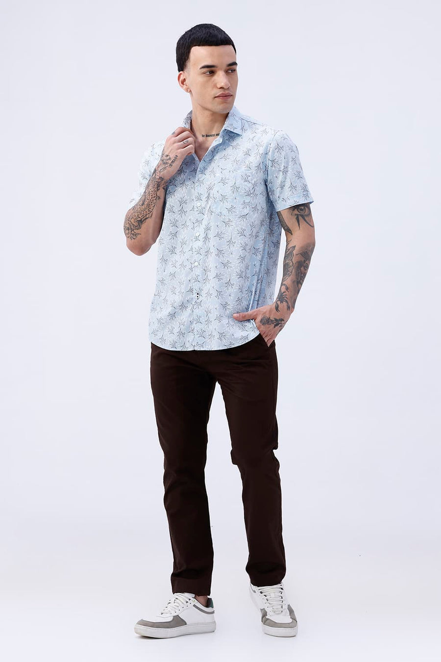 BASICS SLIM FIT CRYSTAL BLUE COTTON POPLIN PRINTED HALFSLEEVES SHIRT