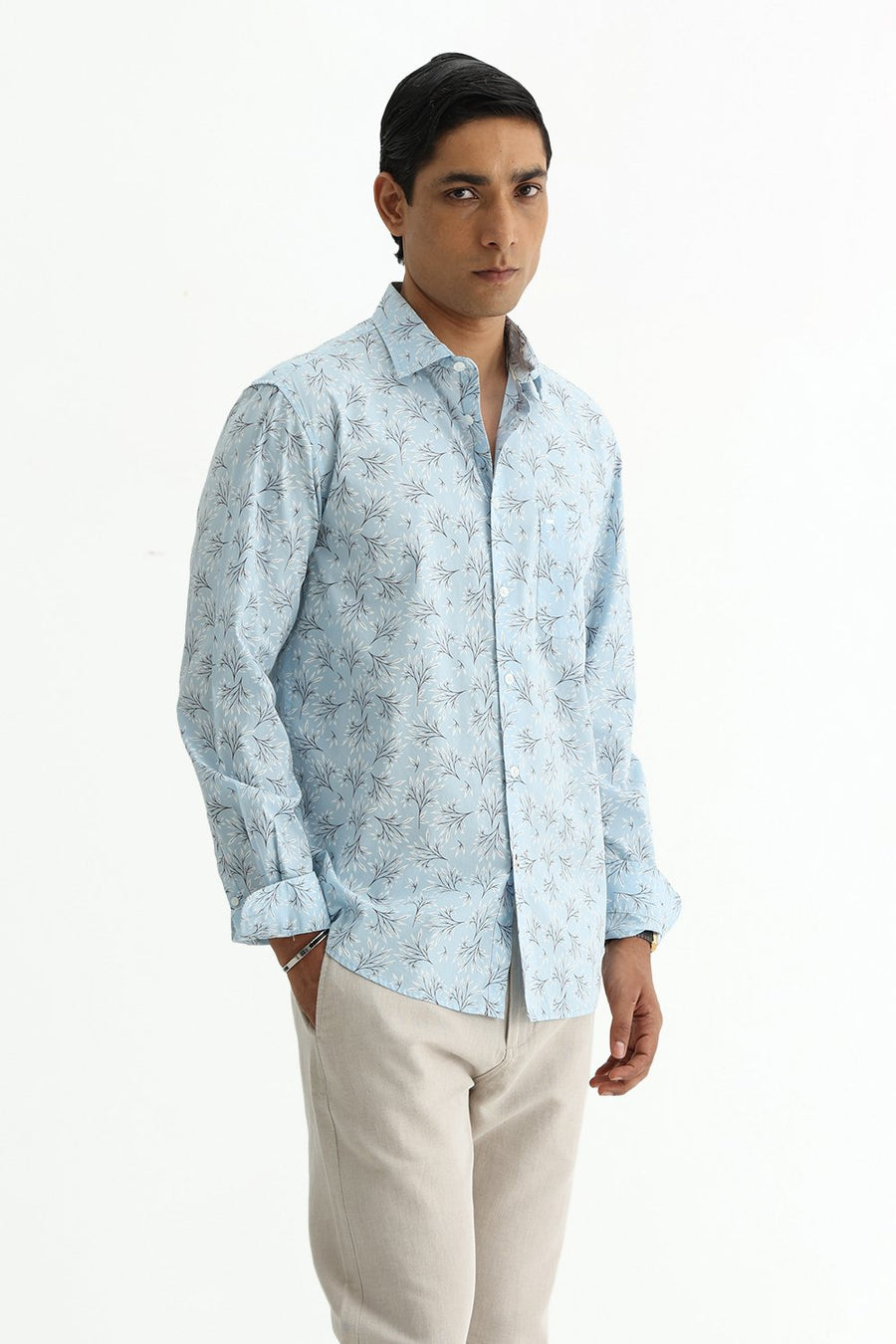 BASICS SLIM FIT CRYSTAL BLUE COTTON POPLIN PRINTED SHIRT