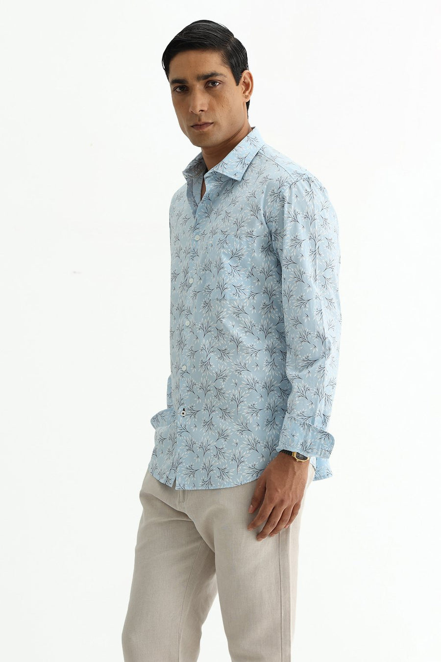BASICS SLIM FIT CRYSTAL BLUE COTTON POPLIN PRINTED SHIRT