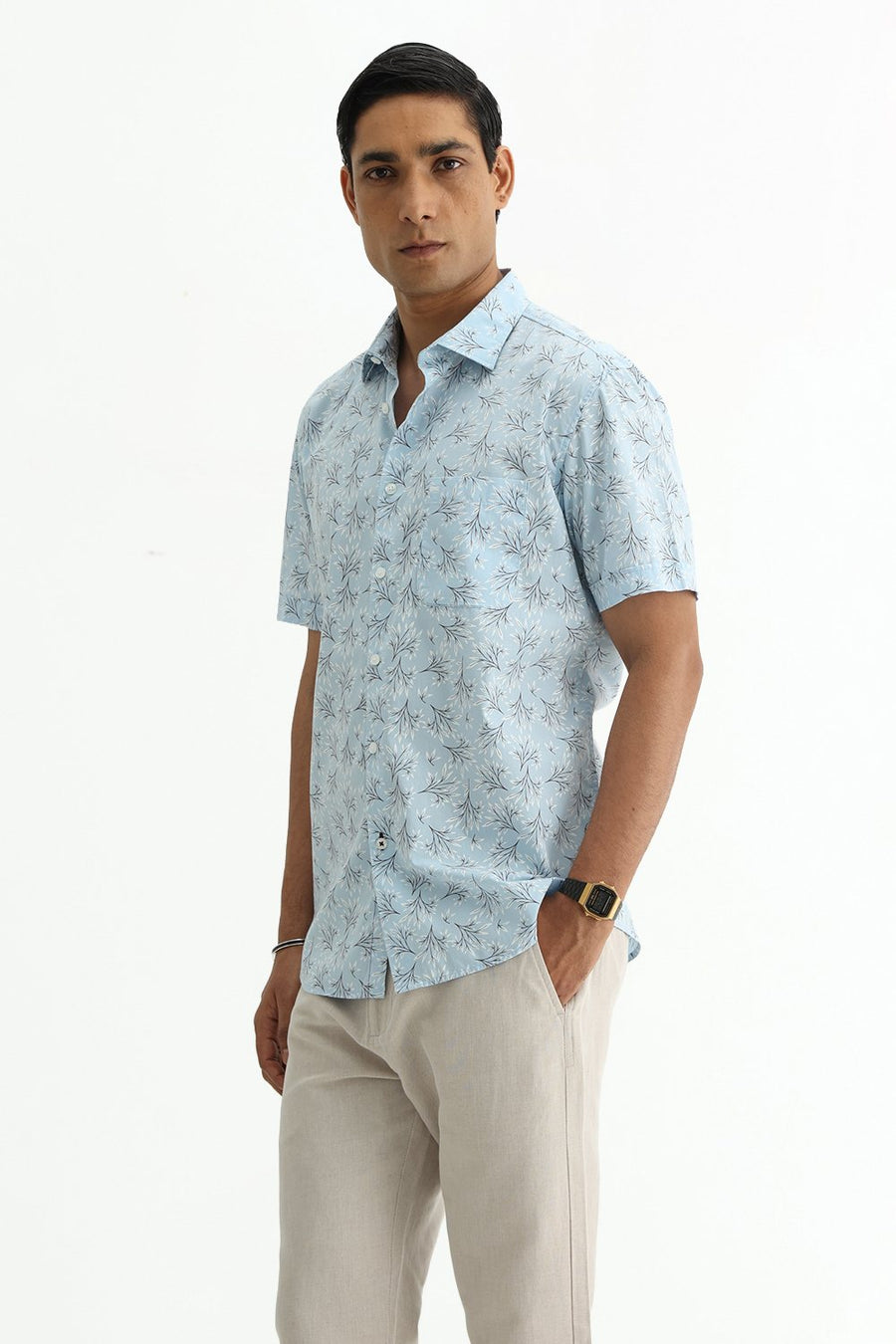BASICS SLIM FIT CRYSTAL BLUE COTTON POPLIN PRINTED HALFSLEEVES SHIRT