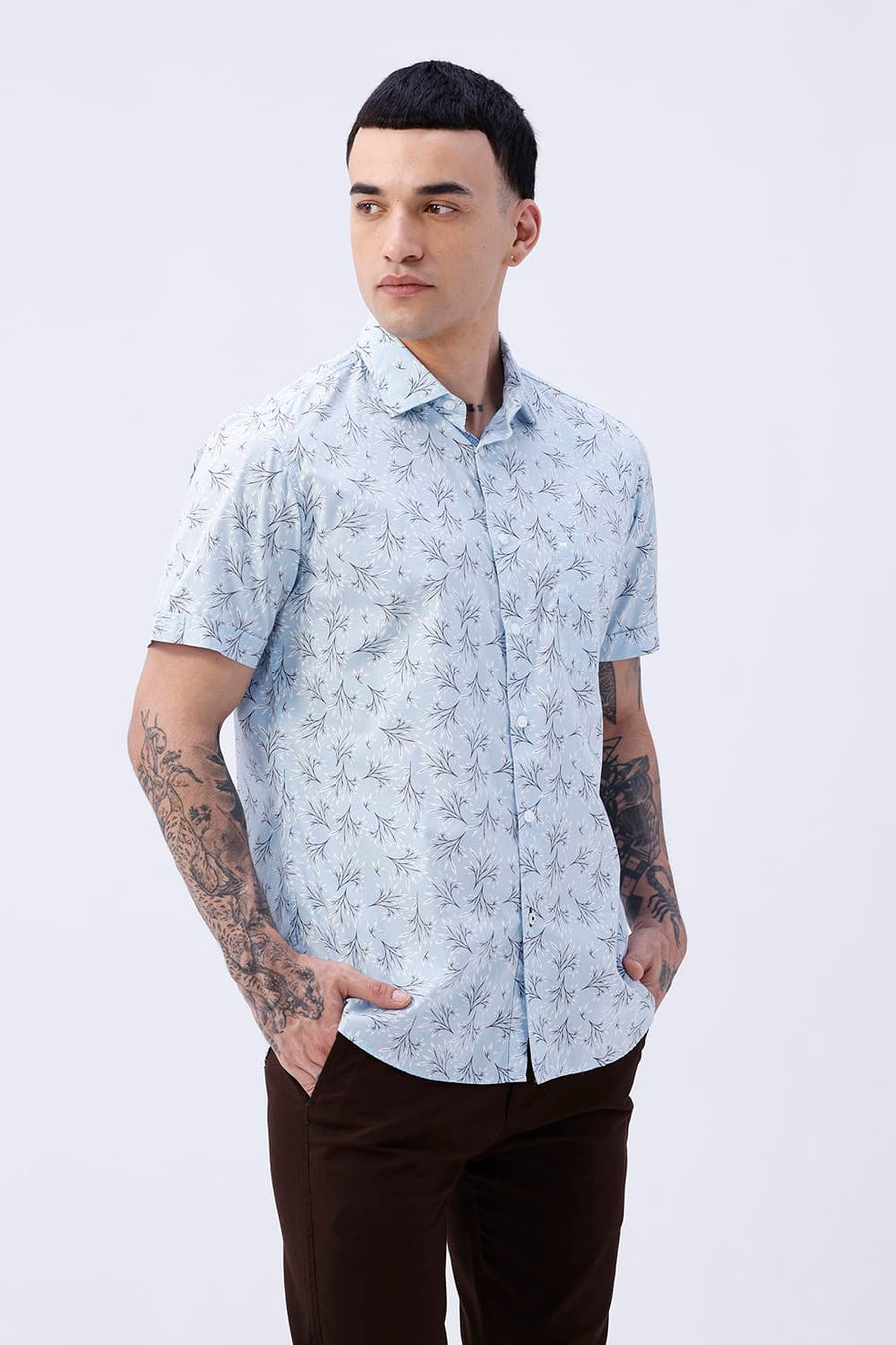 BASICS SLIM FIT CRYSTAL BLUE COTTON POPLIN PRINTED HALFSLEEVES SHIRT