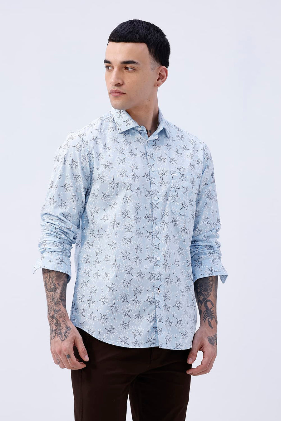 BASICS SLIM FIT CRYSTAL BLUE COTTON POPLIN PRINTED SHIRT