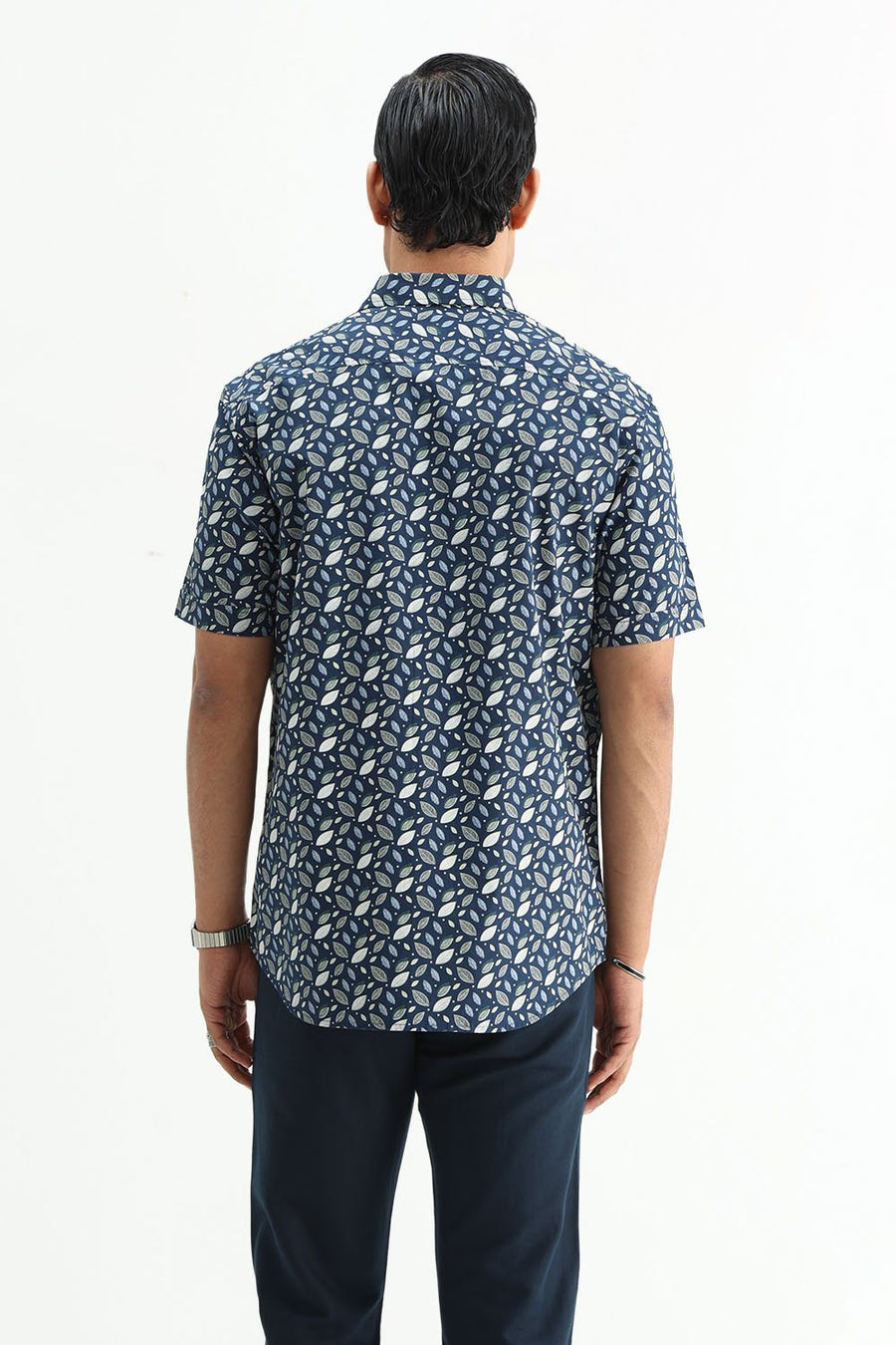BASICS SLIM FIT MOROCCAN NAVY COTTON POPLIN PRINTED SHIRT