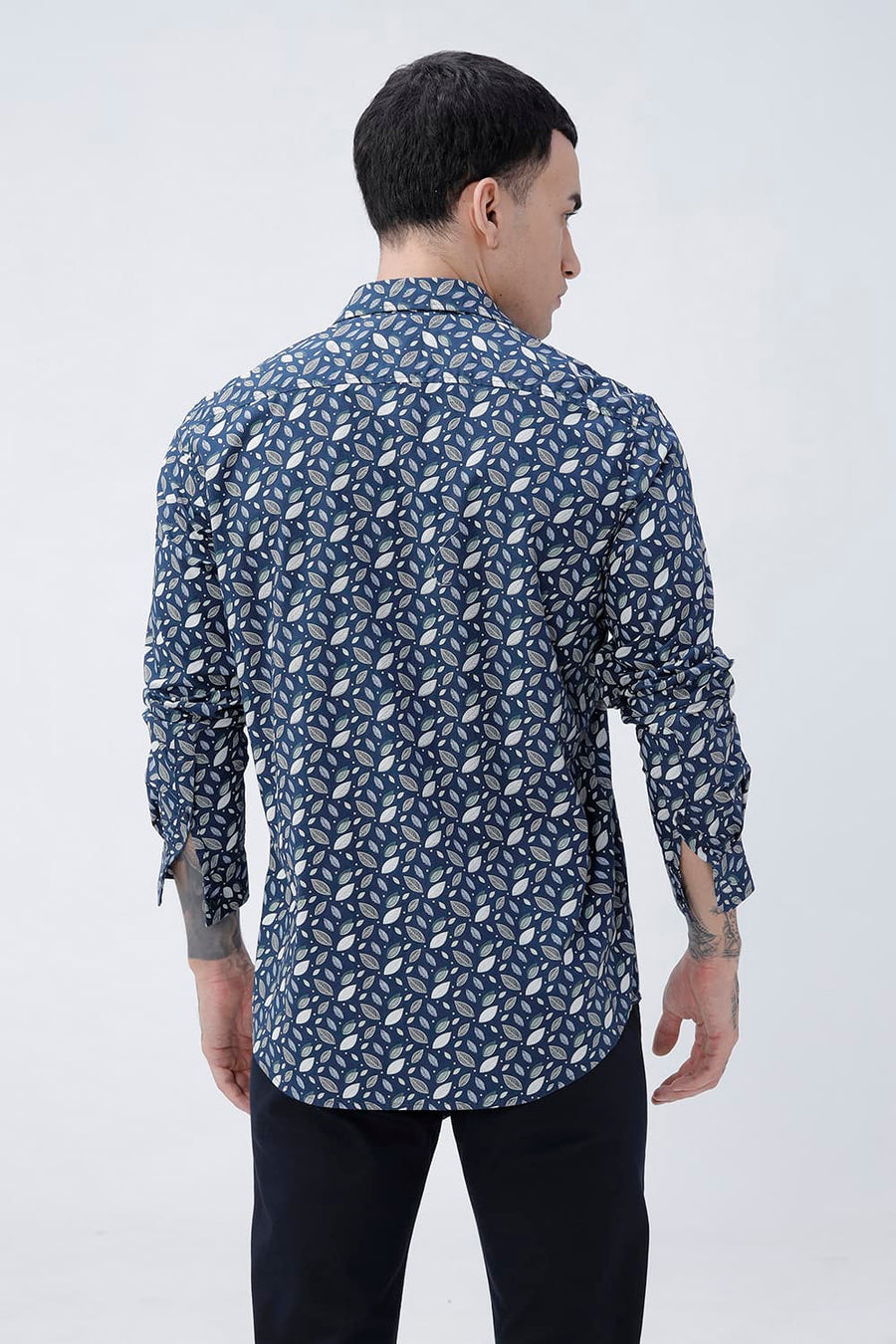 BASICS SLIM FIT MOROCCAN NAVY COTTON POPLIN PRINTED SHIRT