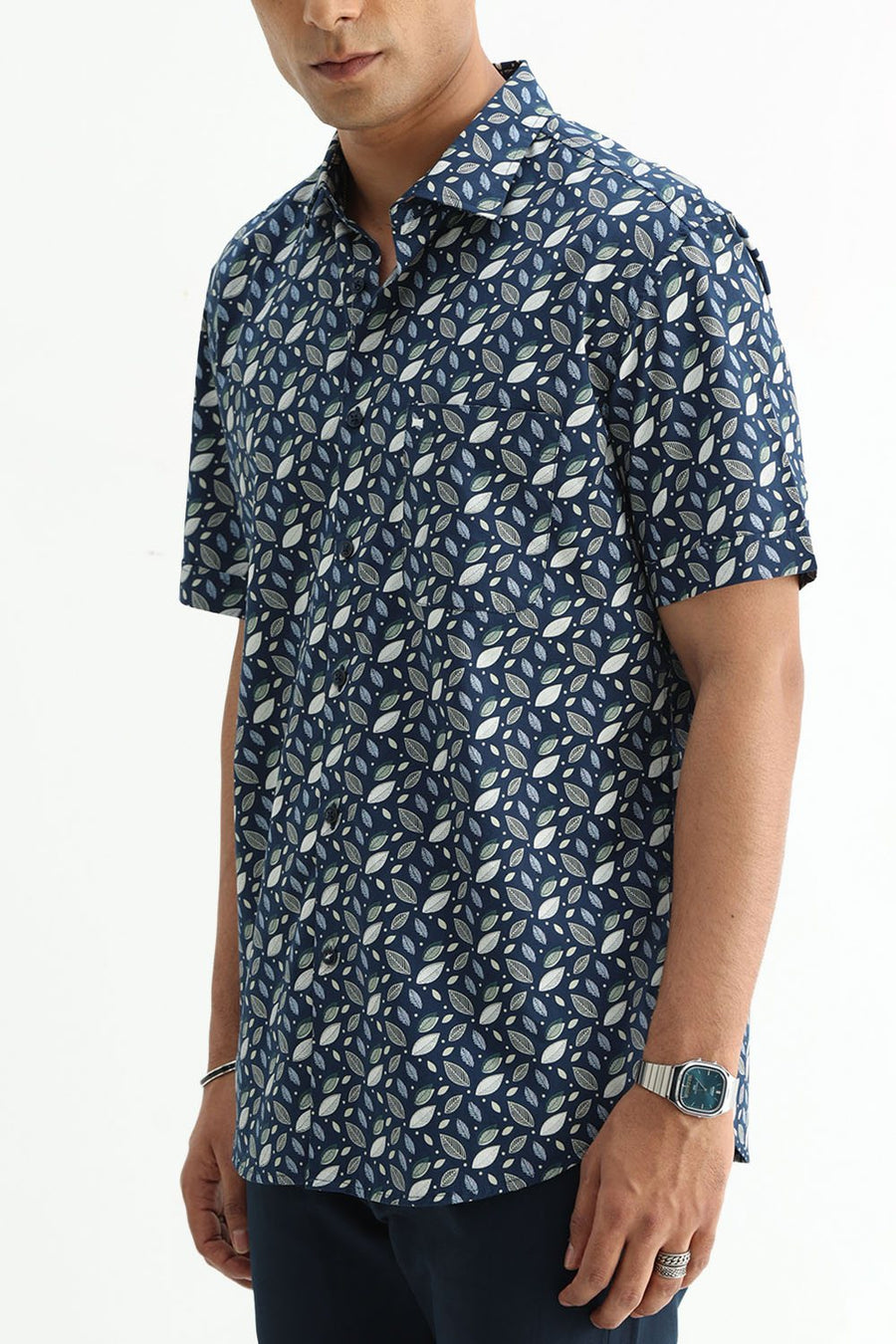 BASICS SLIM FIT MOROCCAN NAVY COTTON POPLIN PRINTED SHIRT