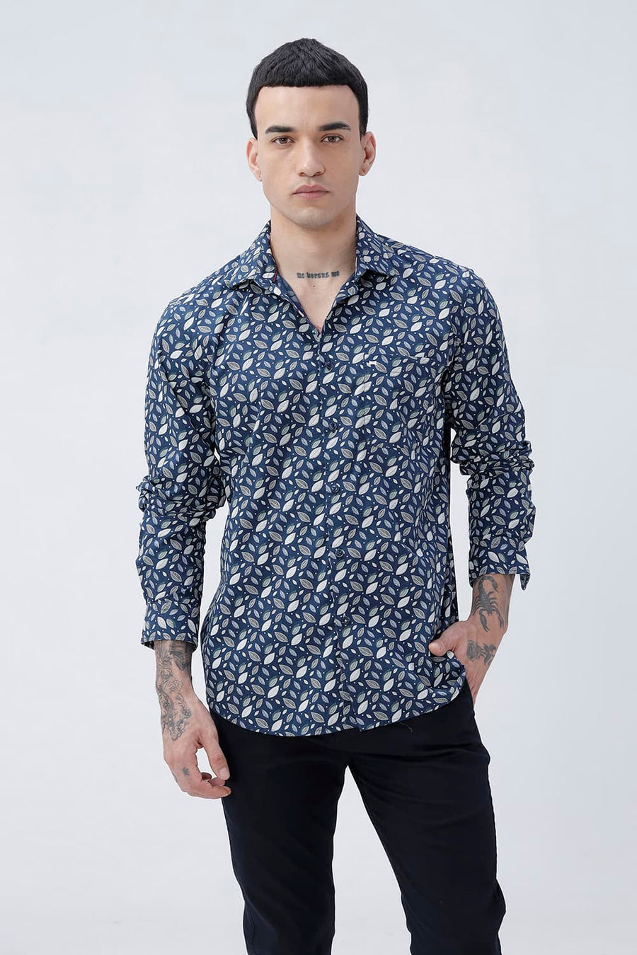 BASICS SLIM FIT MOROCCAN NAVY COTTON POPLIN PRINTED SHIRT