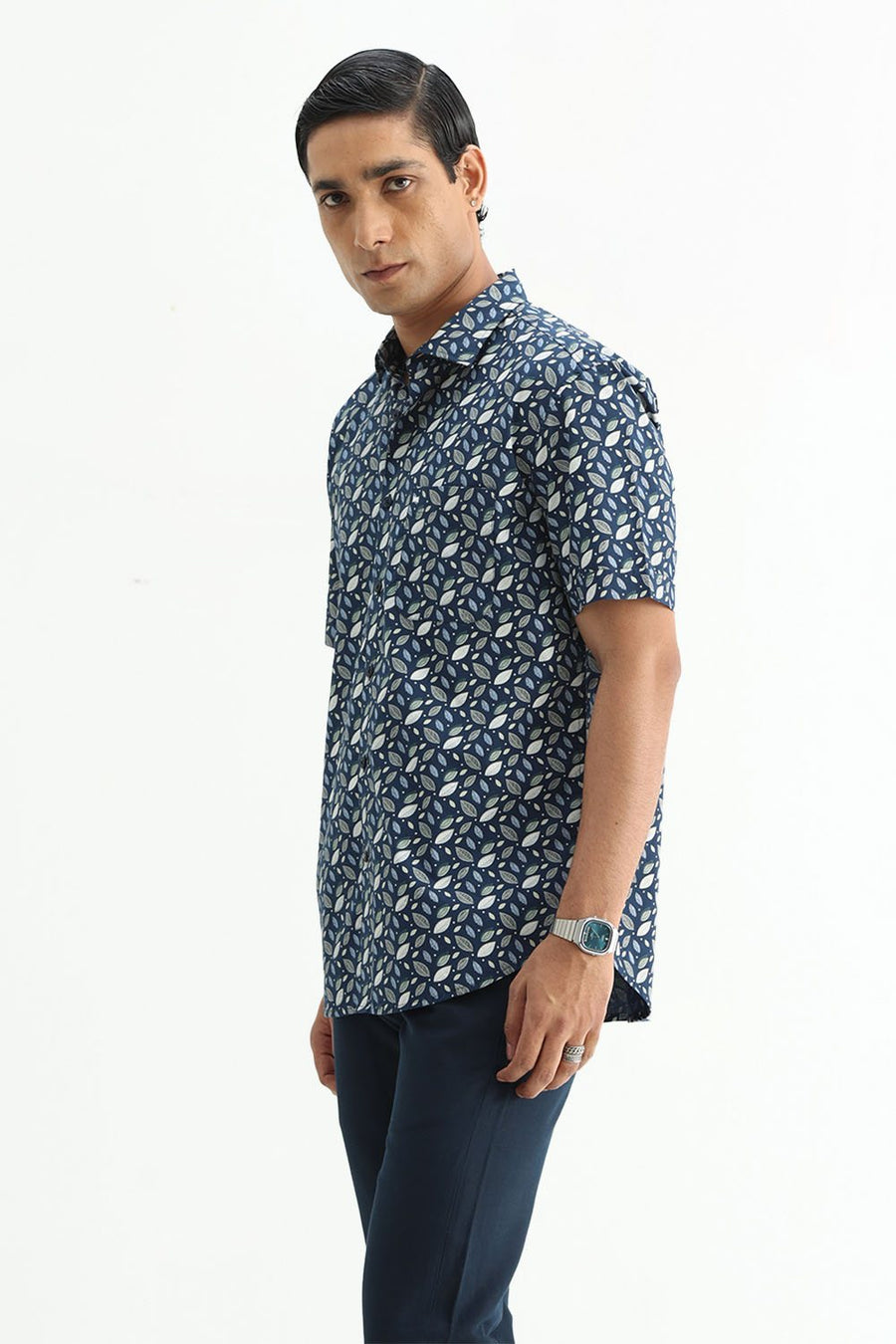 BASICS SLIM FIT MOROCCAN NAVY COTTON POPLIN PRINTED SHIRT