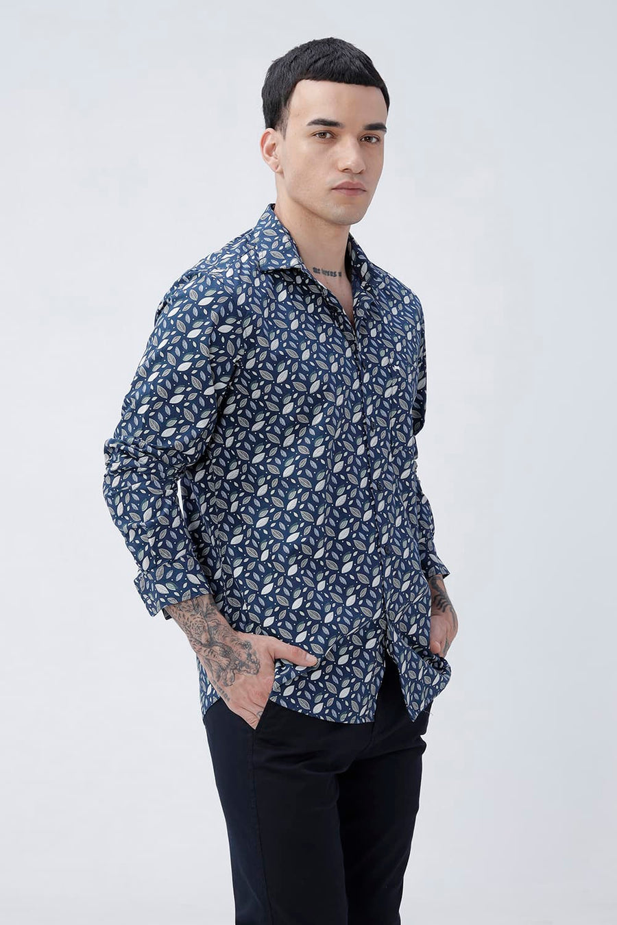 BASICS SLIM FIT MOROCCAN NAVY COTTON POPLIN PRINTED SHIRT