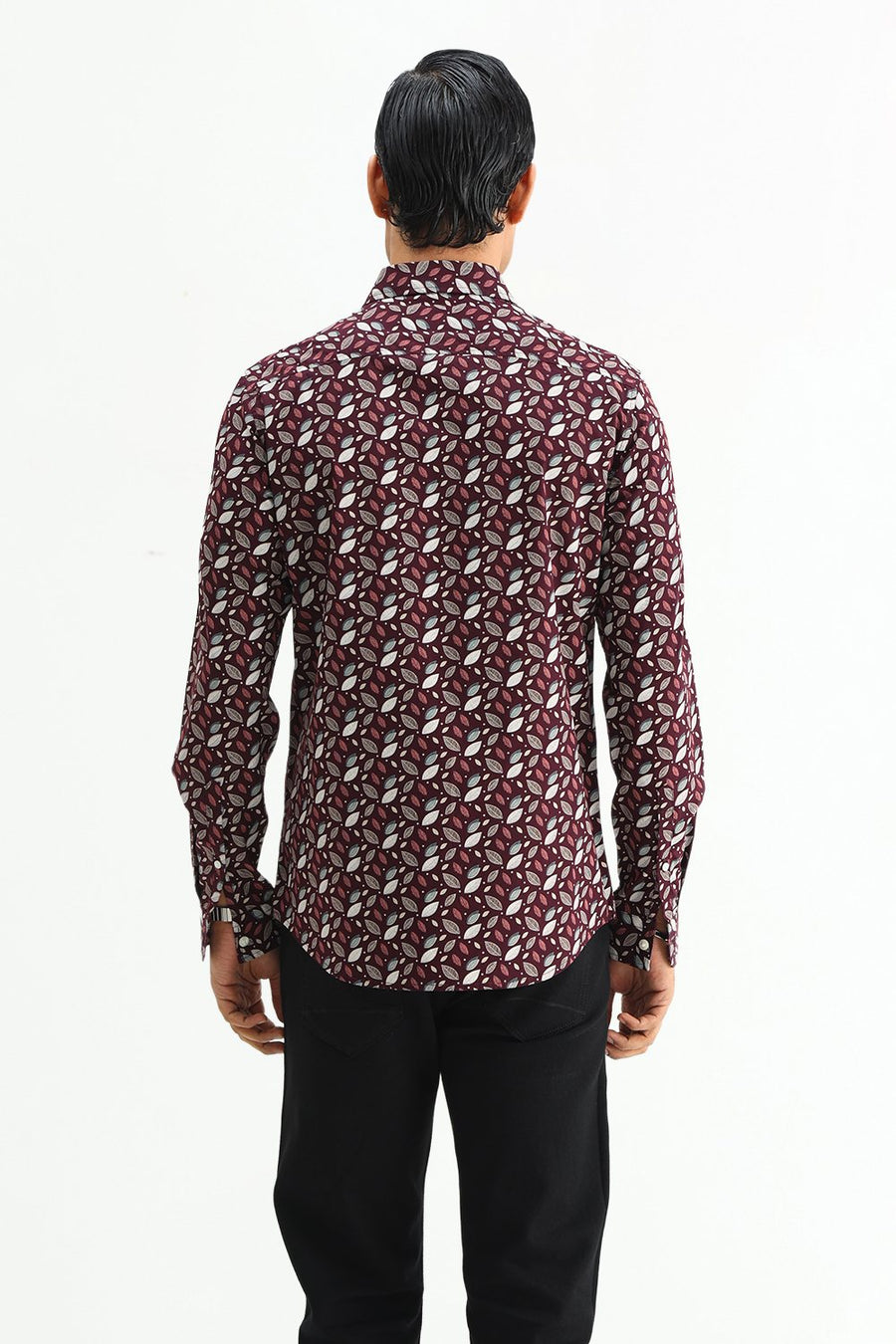 BASICS SLIM FIT BROWN PLUM COTTON POPLIN PRINTED SHIRT