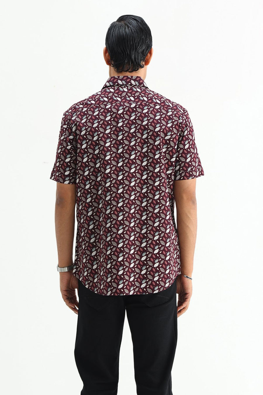 BASICS SLIM FIT BROWN PLUM COTTON POPLIN PRINTED HALFSLEEVES SHIRT