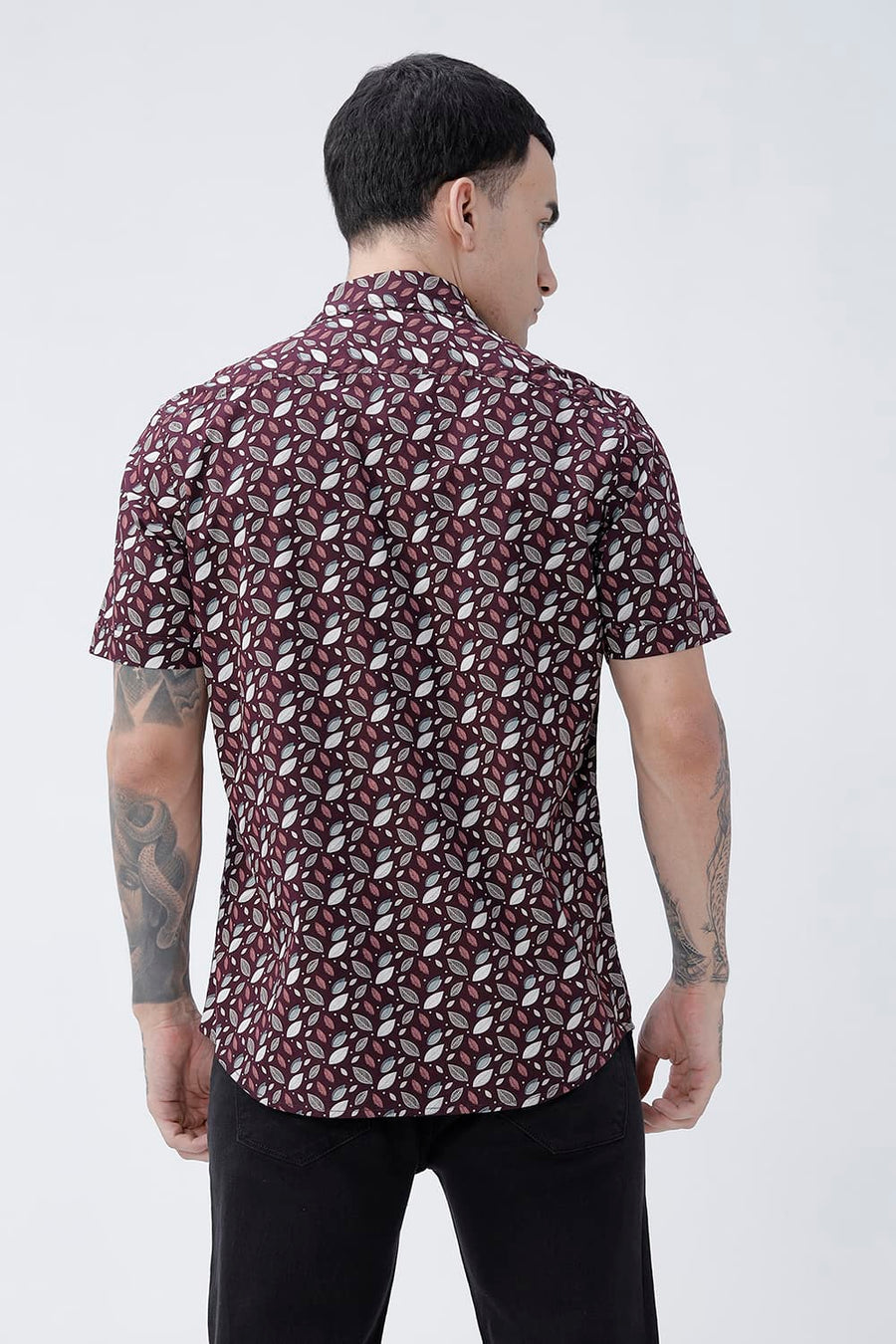 BASICS SLIM FIT BROWN PLUM COTTON POPLIN PRINTED HALFSLEEVES SHIRT
