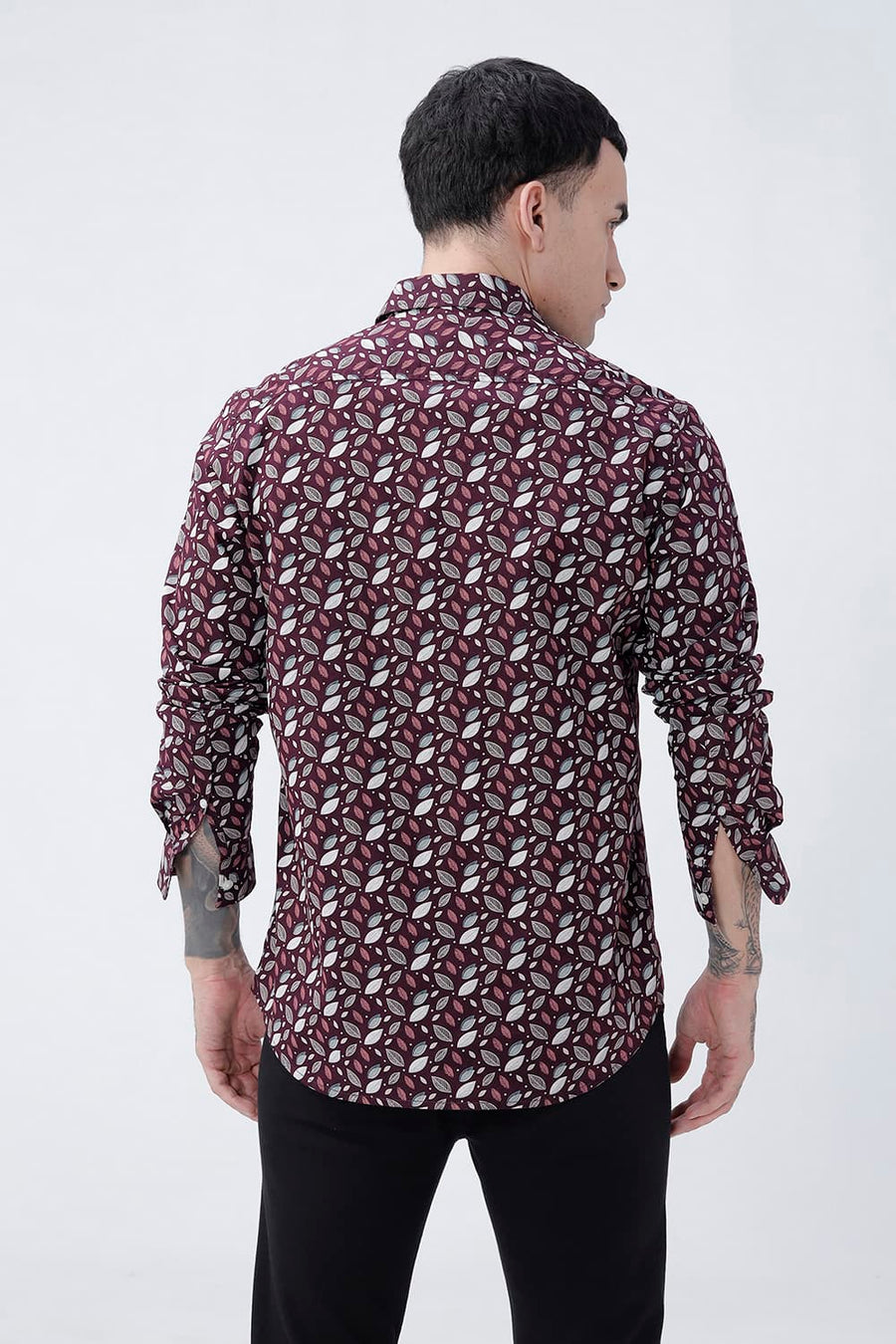 BASICS SLIM FIT BROWN PLUM COTTON POPLIN PRINTED SHIRT