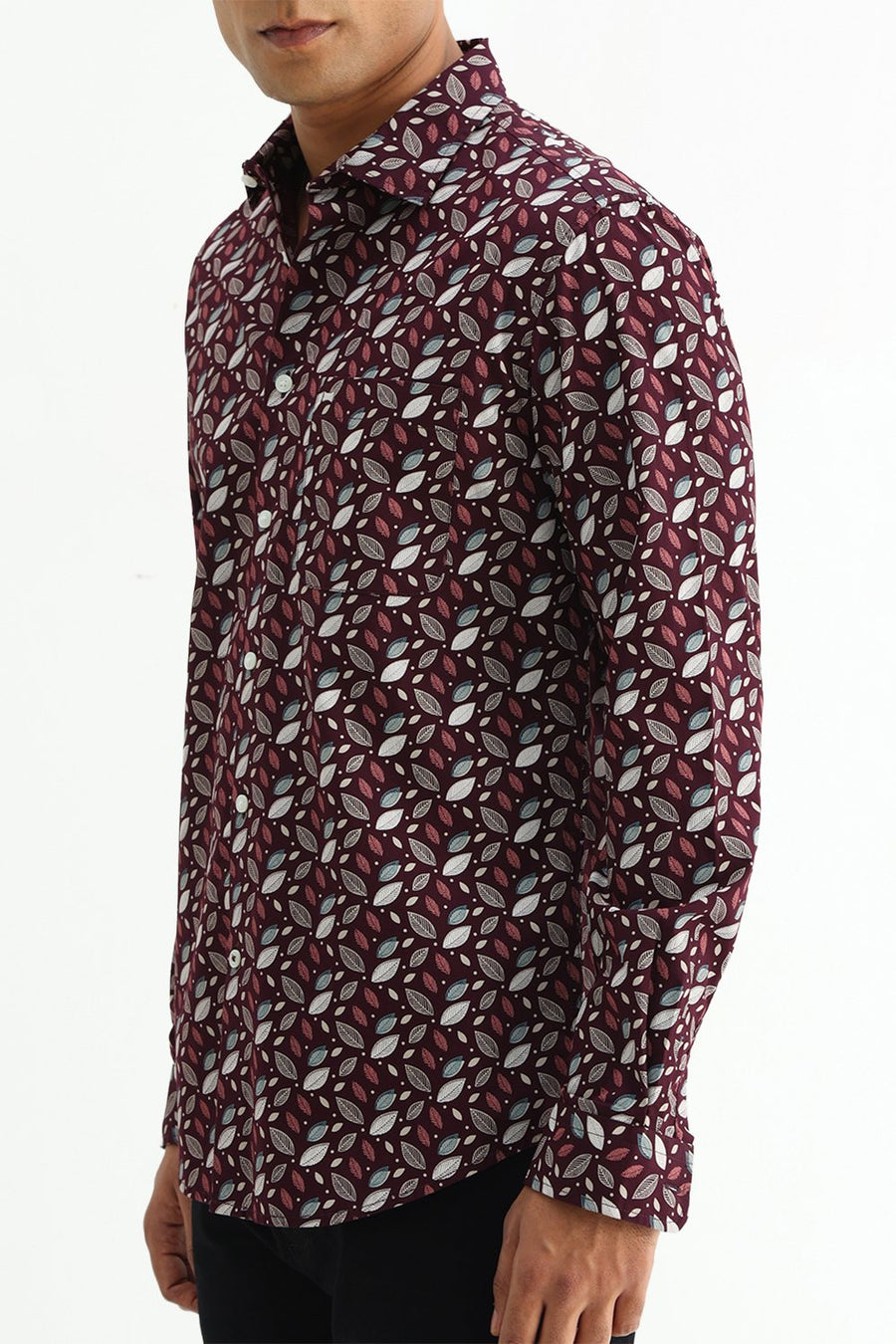 BASICS SLIM FIT BROWN PLUM COTTON POPLIN PRINTED SHIRT