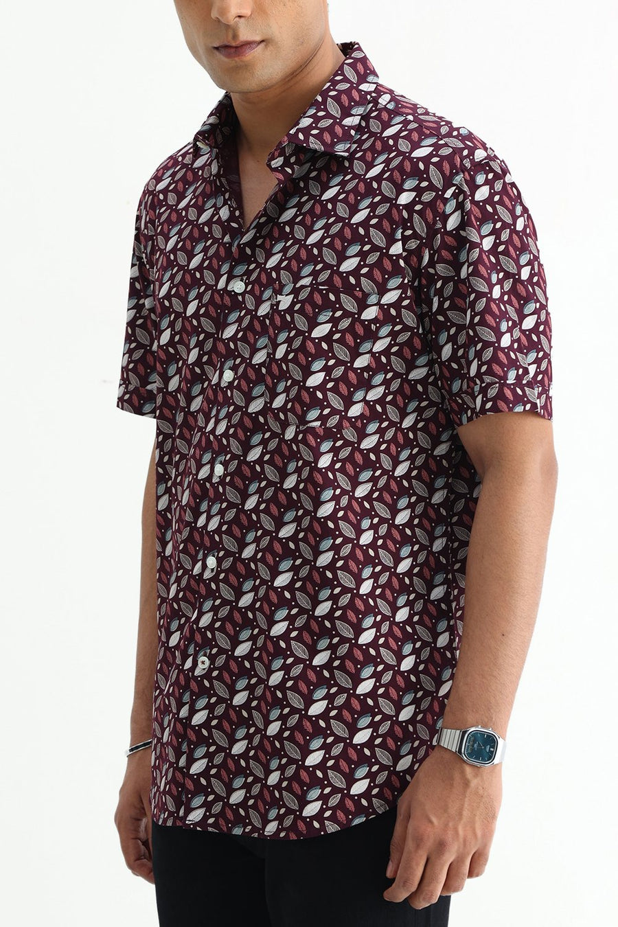 BASICS SLIM FIT BROWN PLUM COTTON POPLIN PRINTED HALFSLEEVES SHIRT