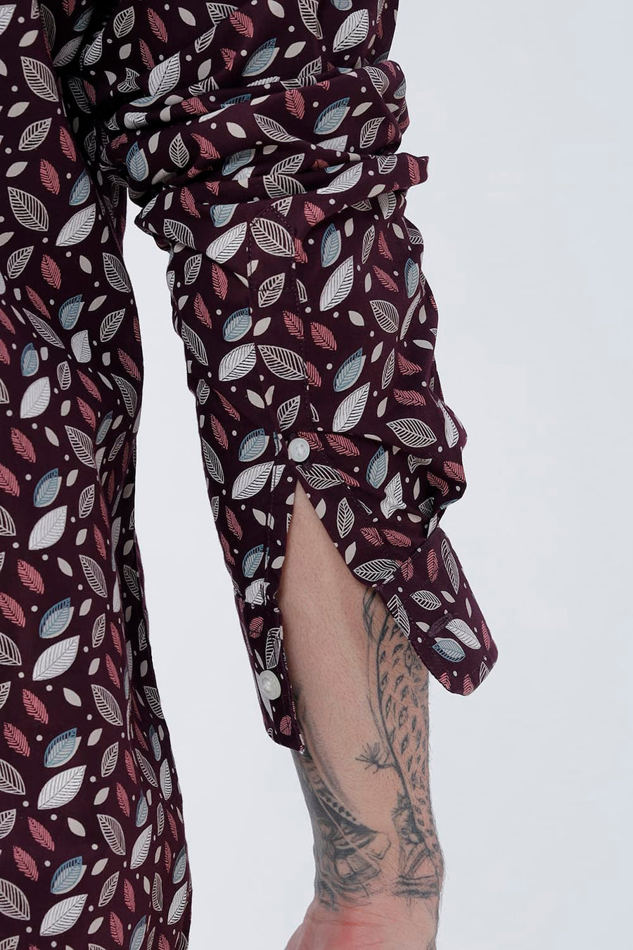 BASICS SLIM FIT BROWN PLUM COTTON POPLIN PRINTED SHIRT