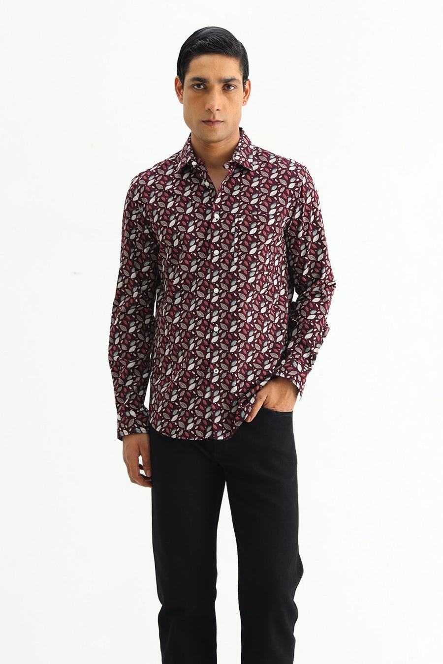 BASICS SLIM FIT BROWN PLUM COTTON POPLIN PRINTED SHIRT