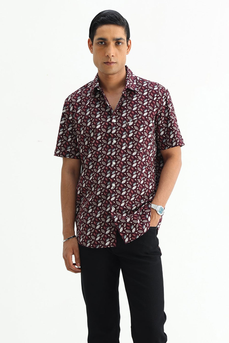 BASICS SLIM FIT BROWN PLUM COTTON POPLIN PRINTED HALFSLEEVES SHIRT