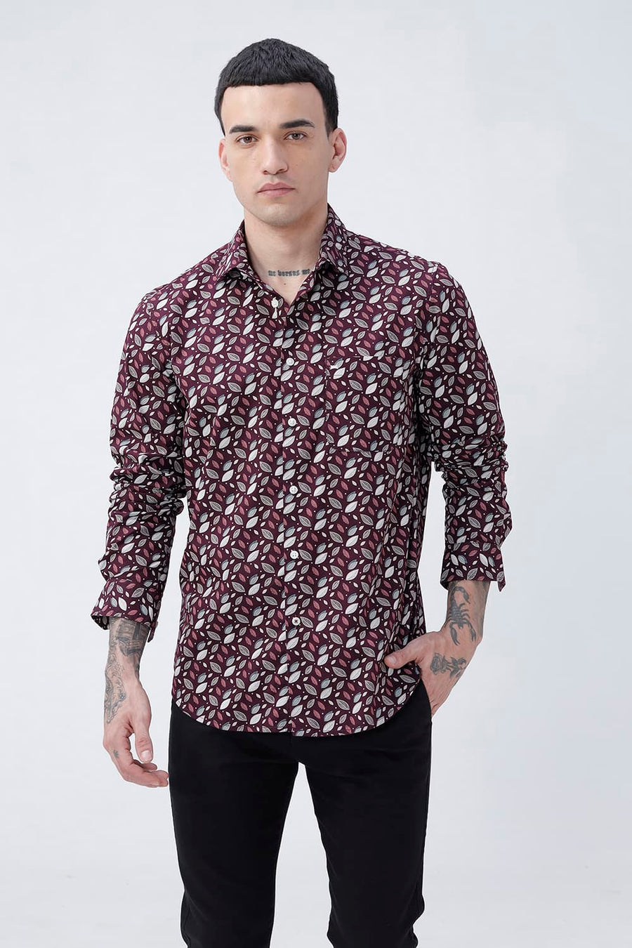 BASICS SLIM FIT BROWN PLUM COTTON POPLIN PRINTED SHIRT