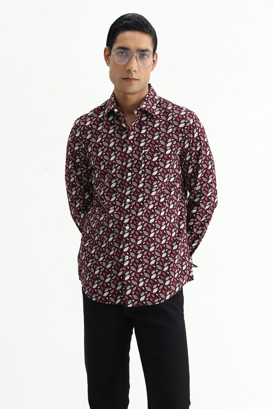 BASICS SLIM FIT BROWN PLUM COTTON POPLIN PRINTED SHIRT